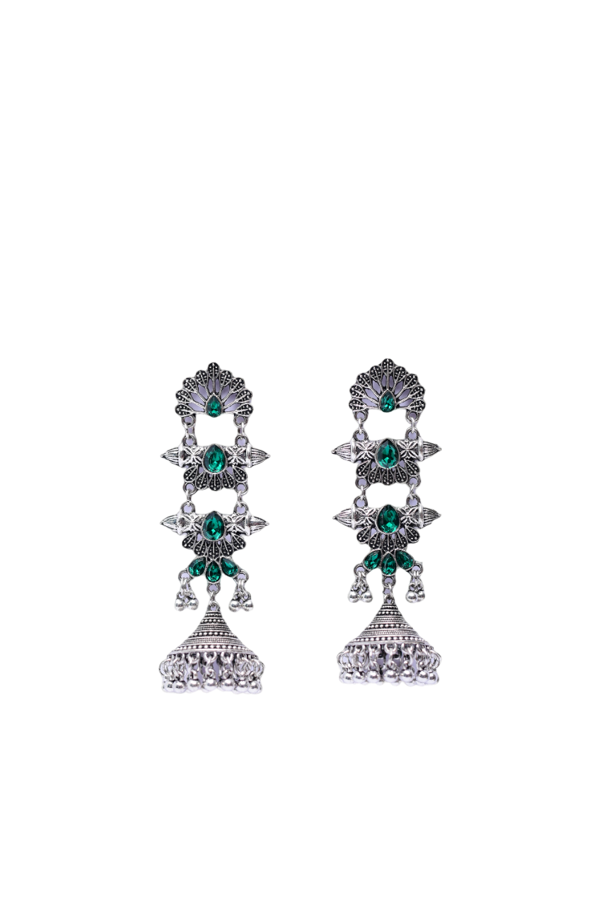 Namokriti Antique Silver Oxidized Jhumka Earrings with Green Stones – Ethnic & Stylish